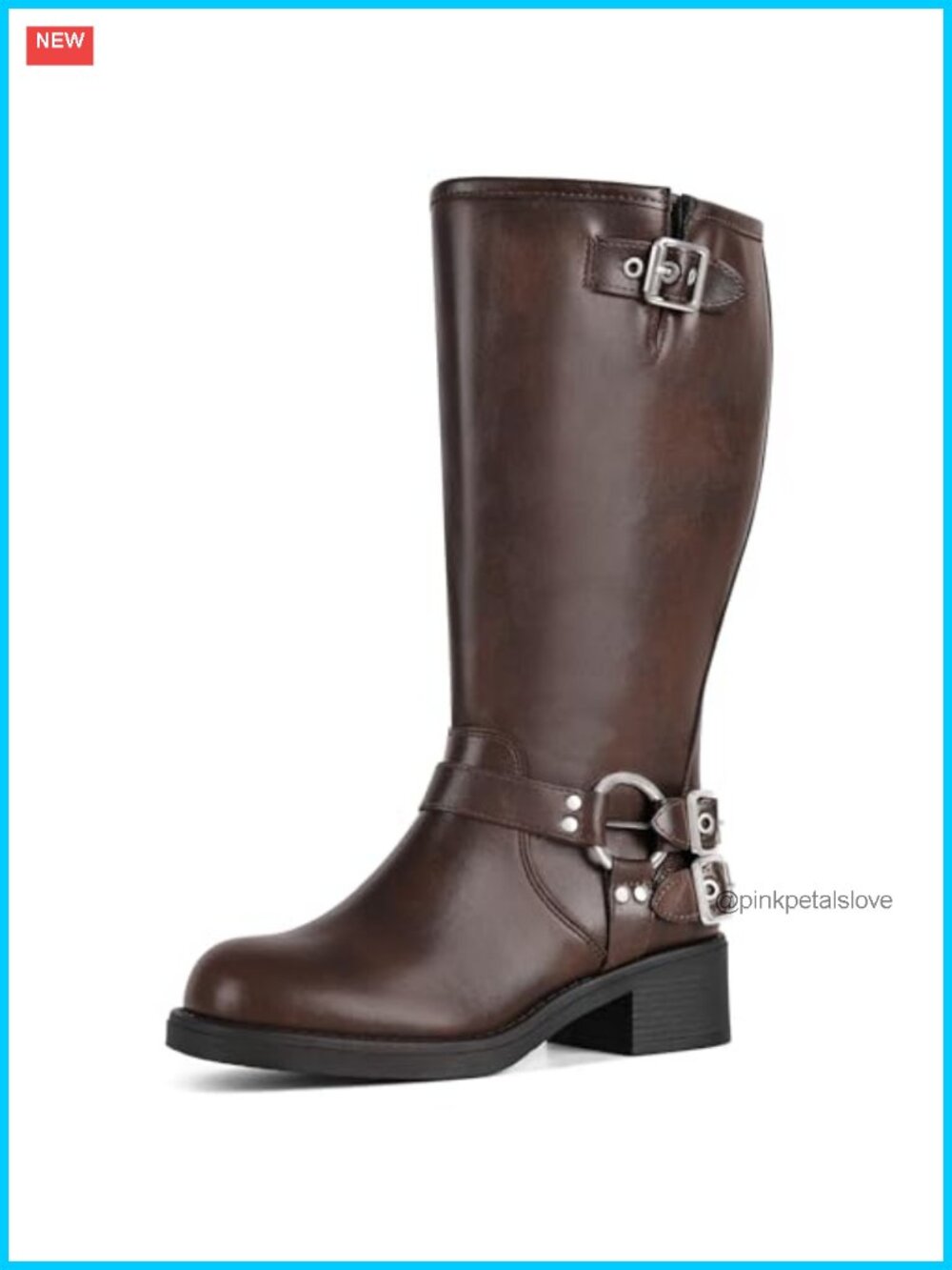 Wide Calf Knee High Moto Buckle Boots Chunky Heel Womens